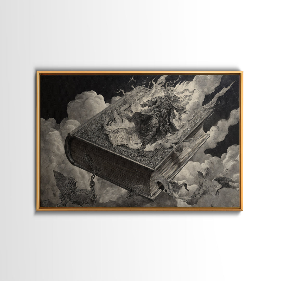 The Living Spellbook, Architectural Etching Art, Landscape Wall Art, Dark Fantasy Wall Art, Canvas Print, Halloween Wall Art