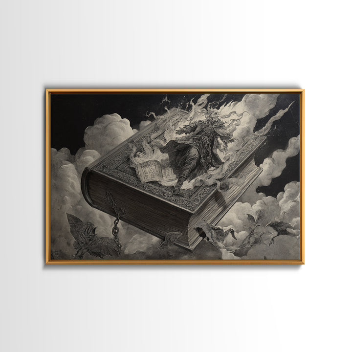 The Living Spellbook, Architectural Etching Art, Landscape Wall Art, Dark Fantasy Wall Art, Canvas Print, Halloween Wall Art