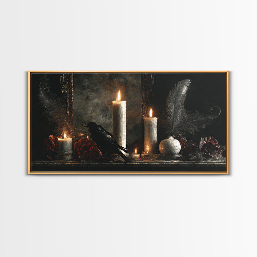 Candle Flame Reflecting Framed Canvas Print, Dark Art, Statement Artwork, Living Room Decor, Fine Art, Nocturne, Wall Decor, DAR-2x1-20