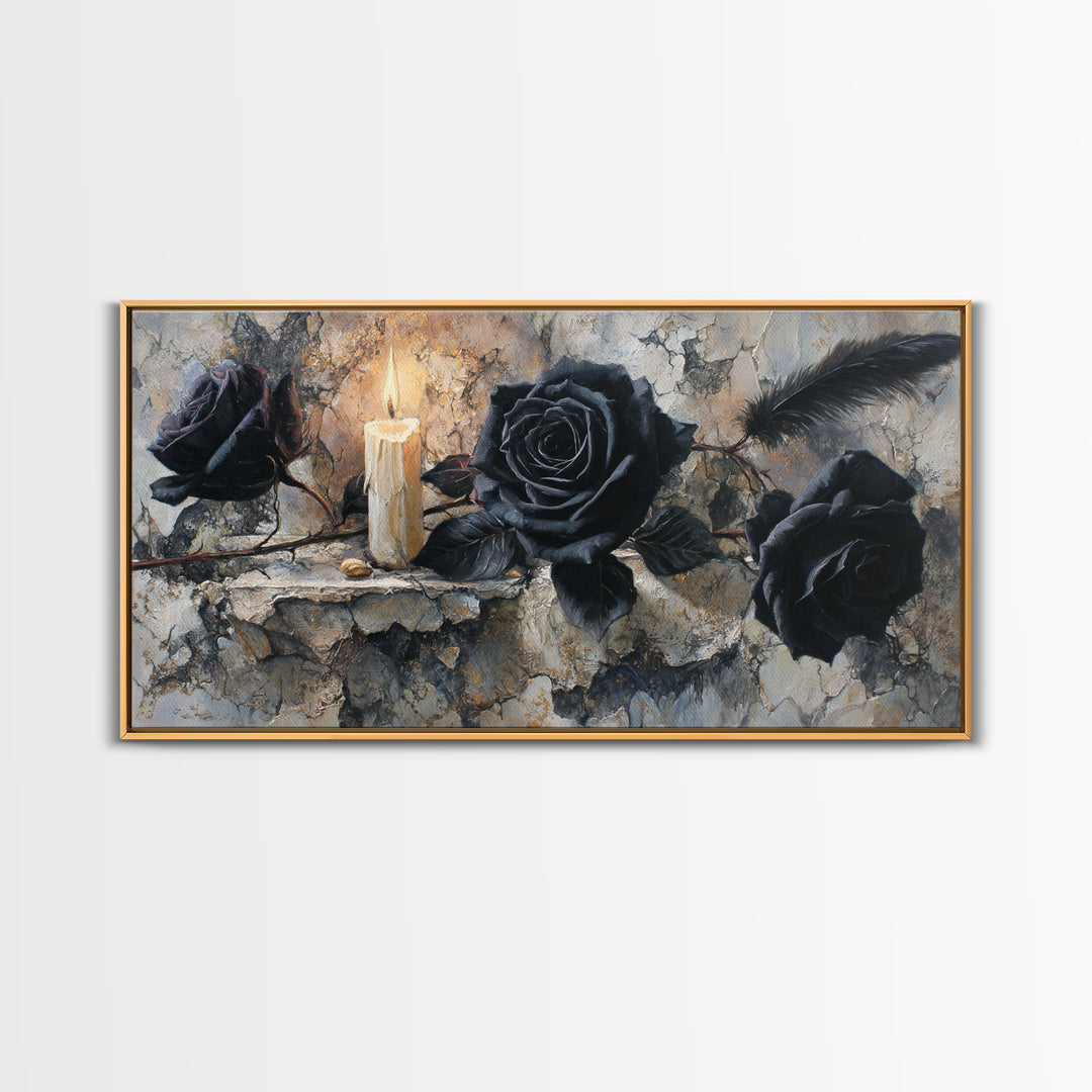 Black Roses Blooming from Cracked Stone Canvas Print, Dark Art, Textured Painting, Living Room Decor, Fine Art, Nocturne, DAR-2x1-22