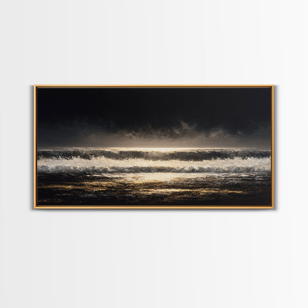 Stormy Sea under a Nearly Black Sky Framed Canvas Print, Dark Art, Digital Art, Living Room Decor, Fine Art, Nocturne, DAR-2x1-25