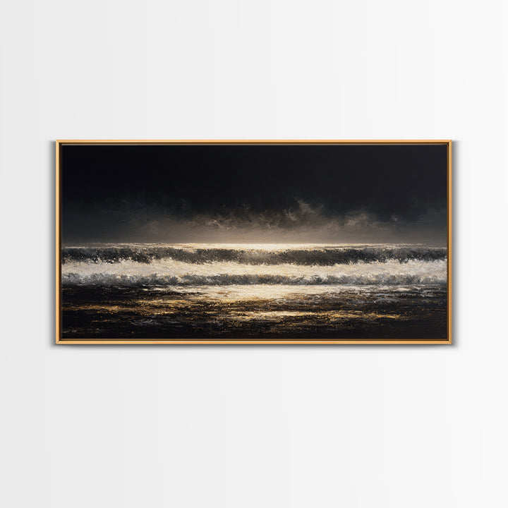 Stormy Sea under a Nearly Black Sky Framed Canvas Print, Dark Art, Digital Art, Living Room Decor, Fine Art, Nocturne, DAR-2x1-25