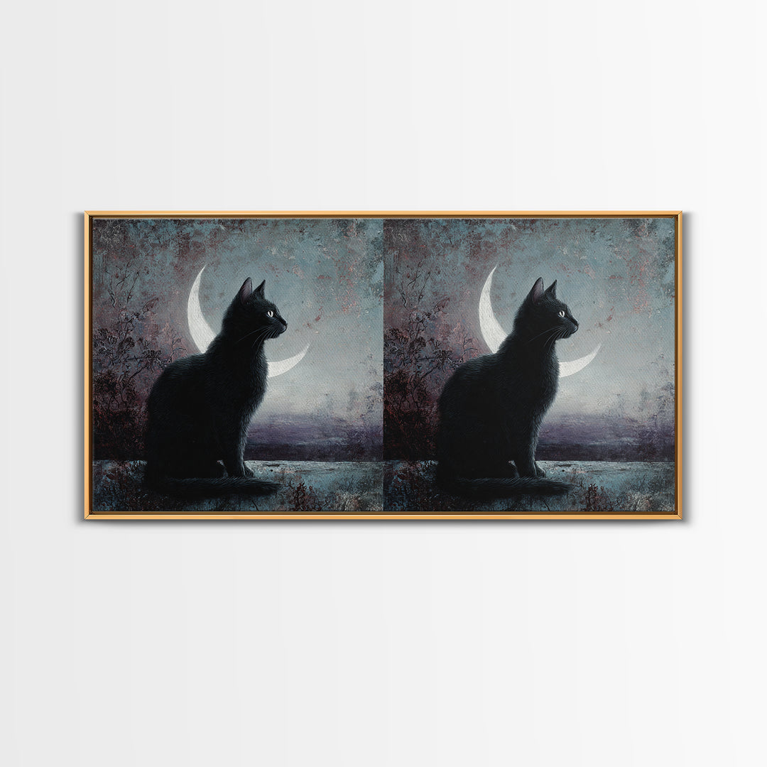 Black Cat with Glowing Eyes under Crescent Framed Canvas Print, Dark Art, Living Room Decor, Watercolor Art, Nocturne, DAR-2x1-29