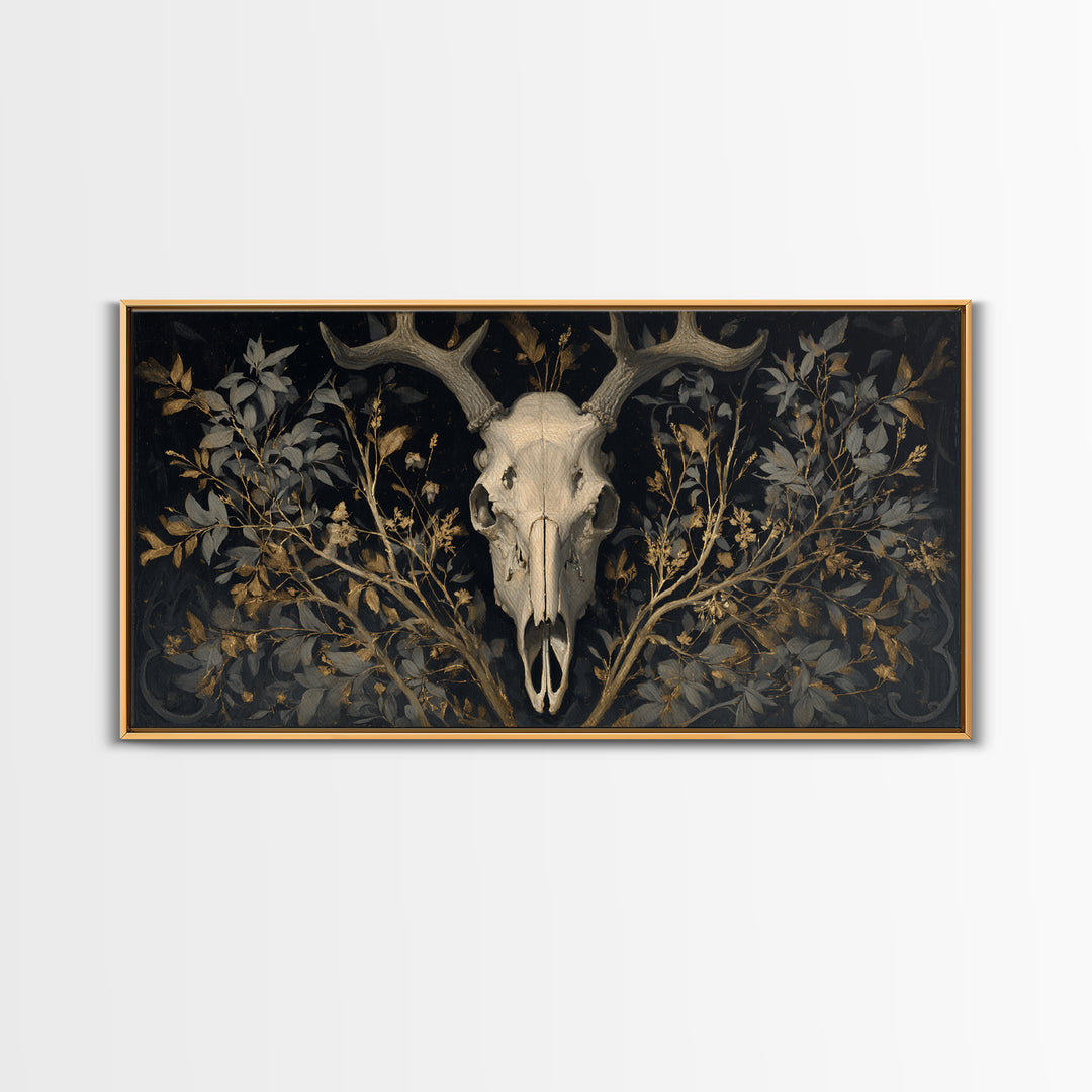 Shadowy Deer Skull Canvas Print, Dark Art, Oil Painting, Living Room Decor, Nocturne, Gothic Wall Decor, Man Cave Decor, DAR-2x1-31