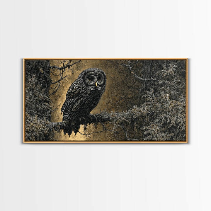 Owl in a Midnight Pine Forest Framed Canvas Print, Dark Art, Room Decor, Living Room Decor, Fine Art, Nocturne, Digital Art, DAR-2x1-42