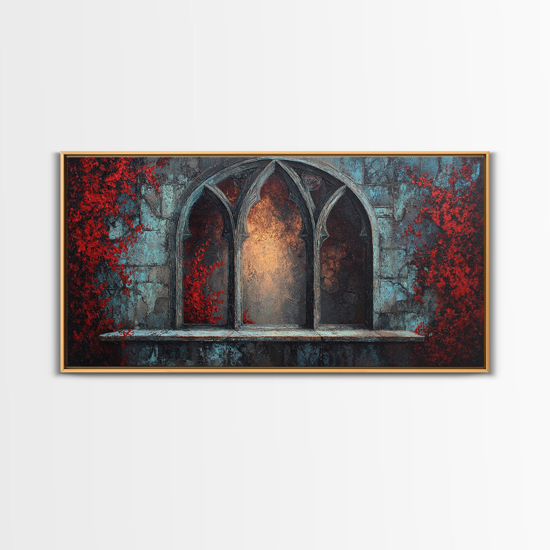 Gothic Cathedral Window Framed Canvas Print, Dark Art, Art Print, Living Room Decor, Oil Painting, Nocturne, Halloween Art, DAR-2x1-60