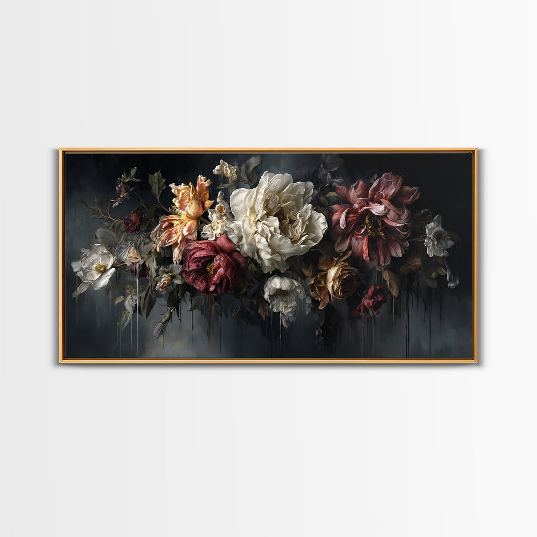 Dark Floral Bouquet Canvas Print, Dark Art, Oil Painting, Living Room Decor, Nocturne, Gothic Wall Decor, Man Cave Decor, DAR-2x1-61