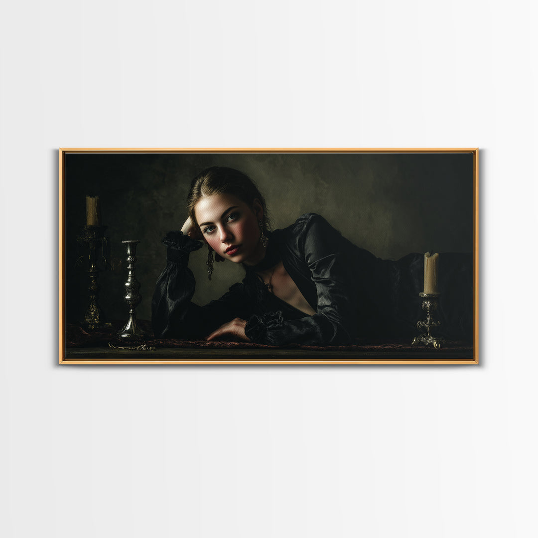 Vampire Inspired Portrait with Pale Dramatic Light Framed Canvas Print, Dark Art, Goth Decor, Living Room Decor, Nocturne, DAR-2x1-81