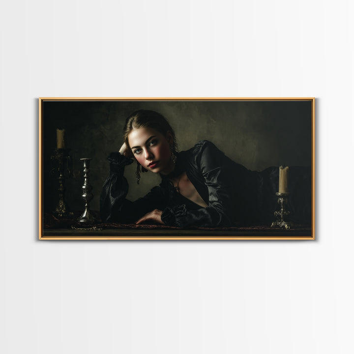 Vampire Inspired Portrait with Pale Dramatic Light Framed Canvas Print, Dark Art, Goth Decor, Living Room Decor, Nocturne, DAR-2x1-81