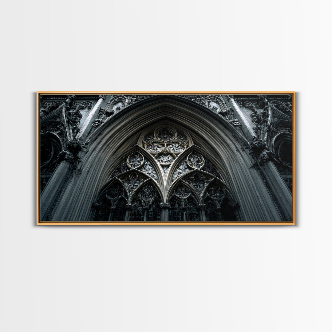 Gothic Cathedral Window Framed Canvas Print, Dark Art, Moody Wall Art, Living Room Decor, Fine Art, Nocturne, Gallery Decor, DAR-2x1-84