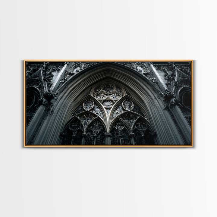 Gothic Cathedral Window Framed Canvas Print, Dark Art, Moody Wall Art, Living Room Decor, Fine Art, Nocturne, Gallery Decor, DAR-2x1-84