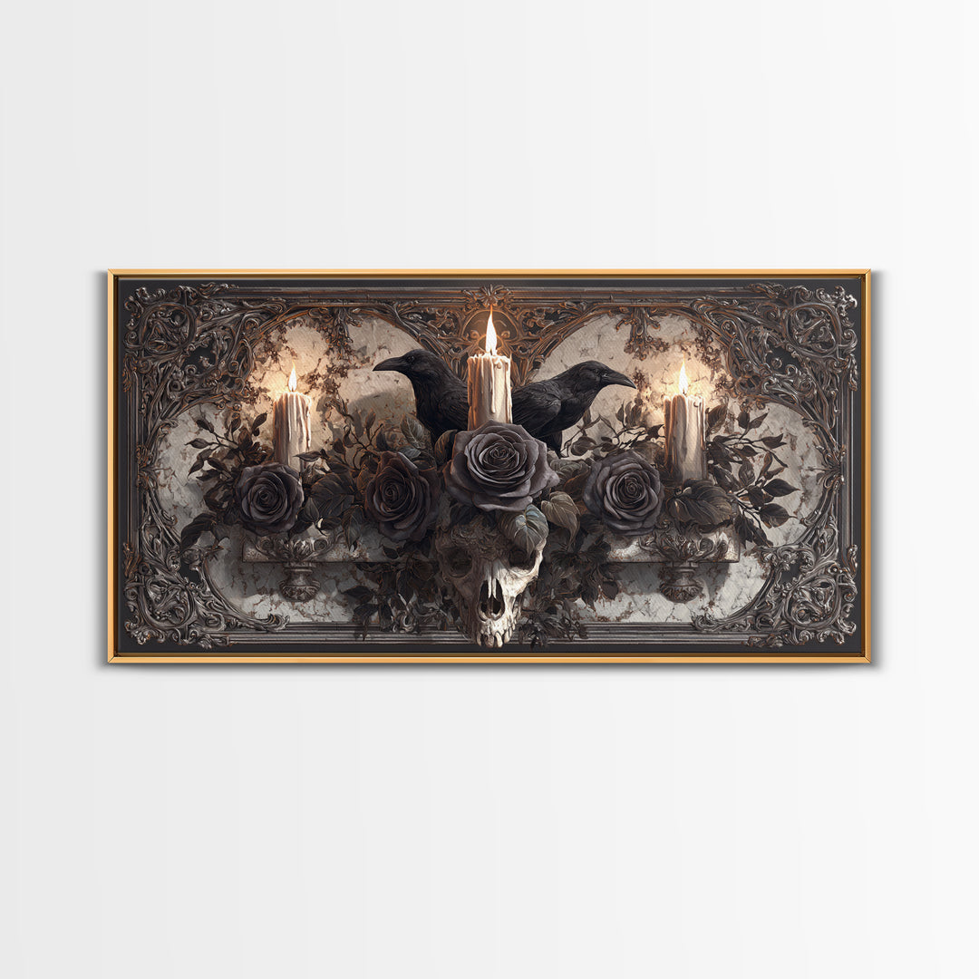 Black Roses Blooming from Cracked Stone Canvas Print, Dark Art, Digital Art, Living Room Decor, Nocturne, Unique Wall Decor, DAR-2x1-94