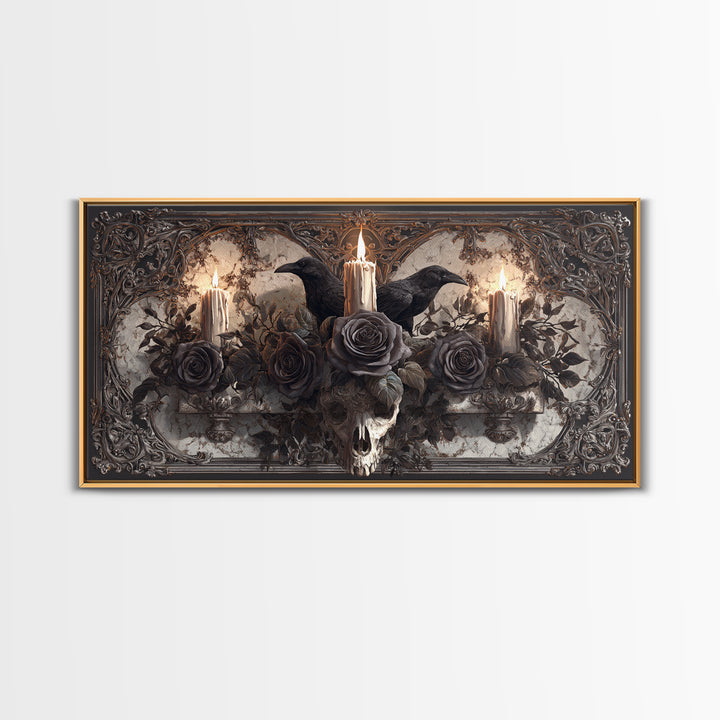 Black Roses Blooming from Cracked Stone Canvas Print, Dark Art, Digital Art, Living Room Decor, Nocturne, Unique Wall Decor, DAR-2x1-94