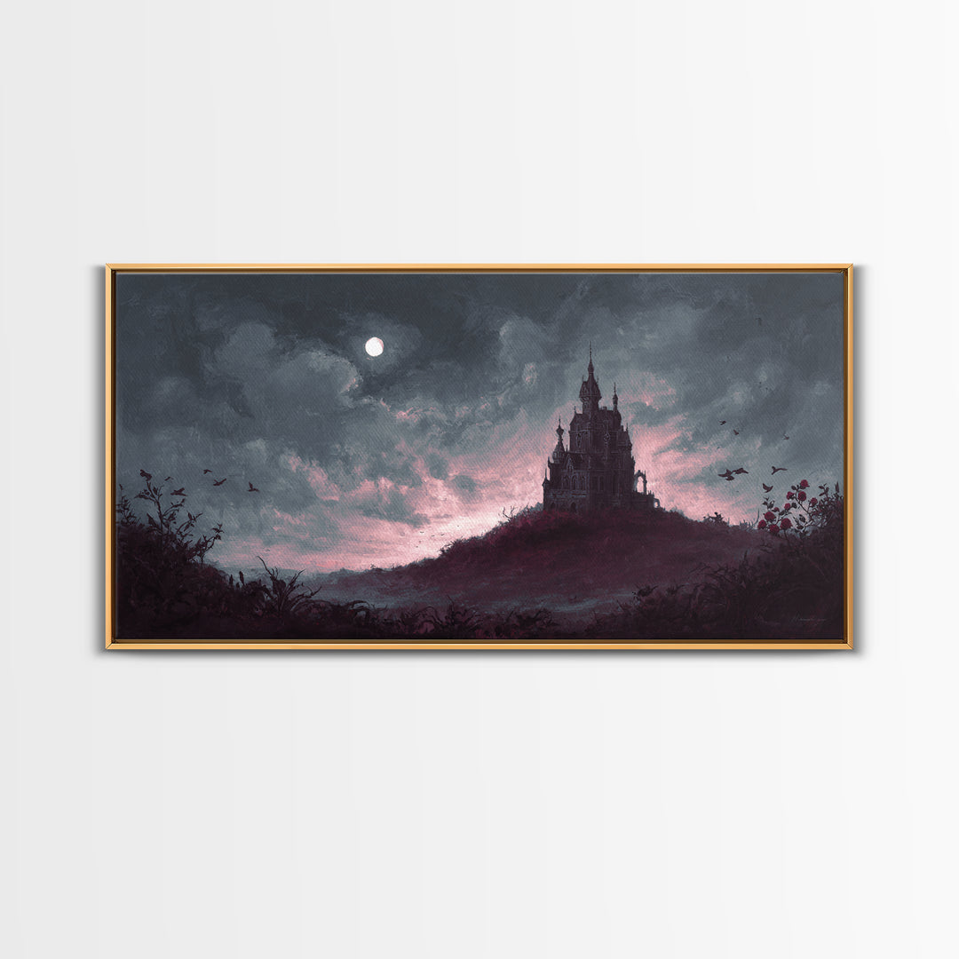 Haunted Mansion Silhouette on Distant Hill Canvas Print, Dark Art, Living Room Decor, Watercolor Art, Nocturne, DAR-2x1-98