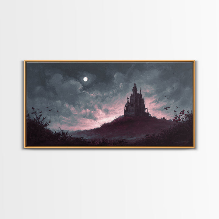 Haunted Mansion Silhouette on Distant Hill Canvas Print, Dark Art, Living Room Decor, Watercolor Art, Nocturne, DAR-2x1-98