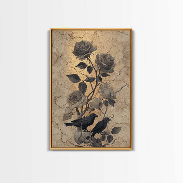 Black Roses Blooming from Cracked Stone Framed Canvas Print, Dark Art, Painting, Living Room Decor, Fine Art, Nocturne, DAR-2x3-34