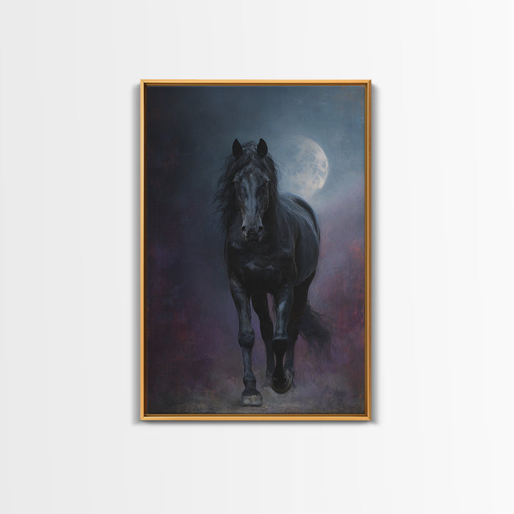 Black Horse Emerging from Smoke Framed Canvas Print, Dark Art, Living Room Decor, Oil Painting, Nocturne, Halloween Art, DAR-2x3-51