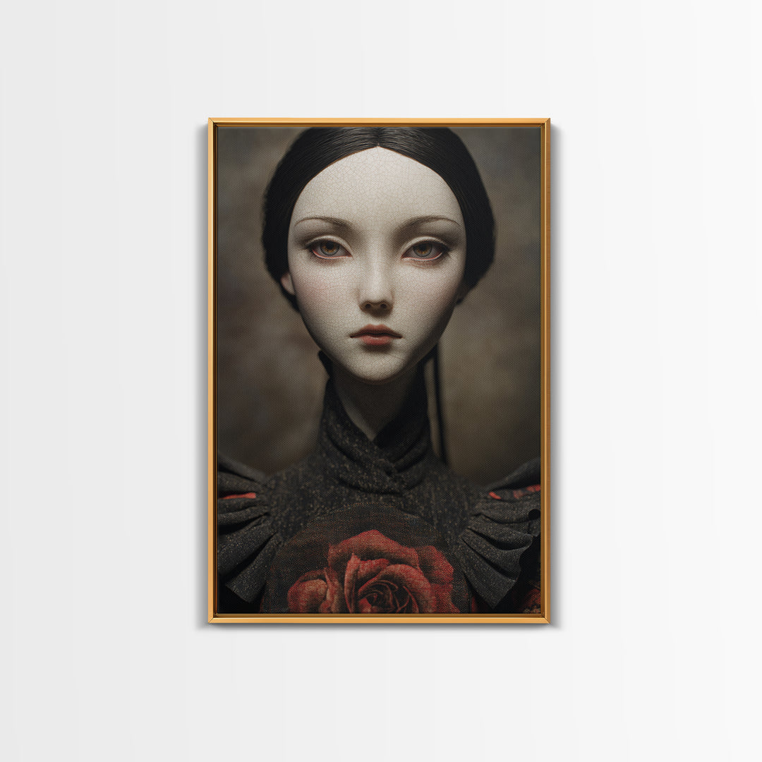 Cracked Porcelain Doll Portrait Framed Canvas Print, Dark Art, Digital Art, Living Room Decor, Nocturne, Unique Wall Decor, DAR-2x3-55