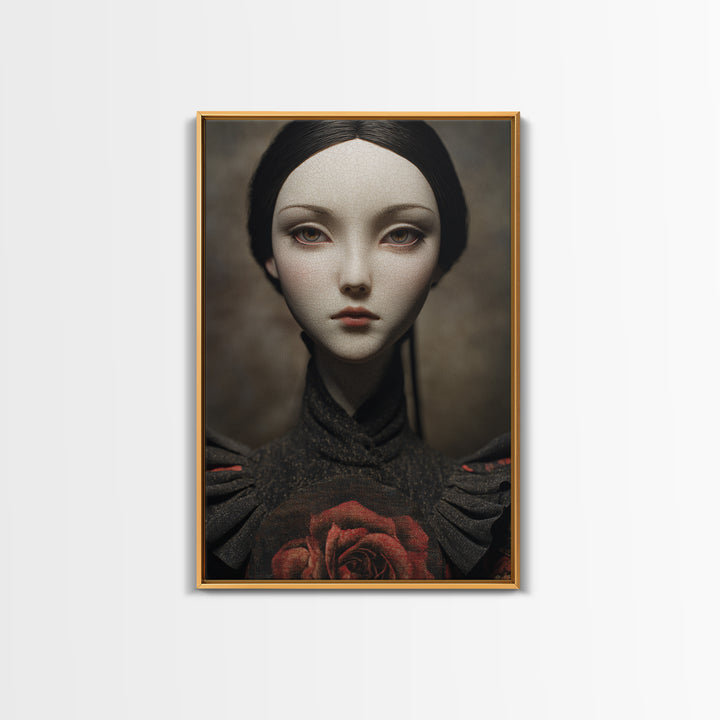 Cracked Porcelain Doll Portrait Framed Canvas Print, Dark Art, Digital Art, Living Room Decor, Nocturne, Unique Wall Decor, DAR-2x3-55