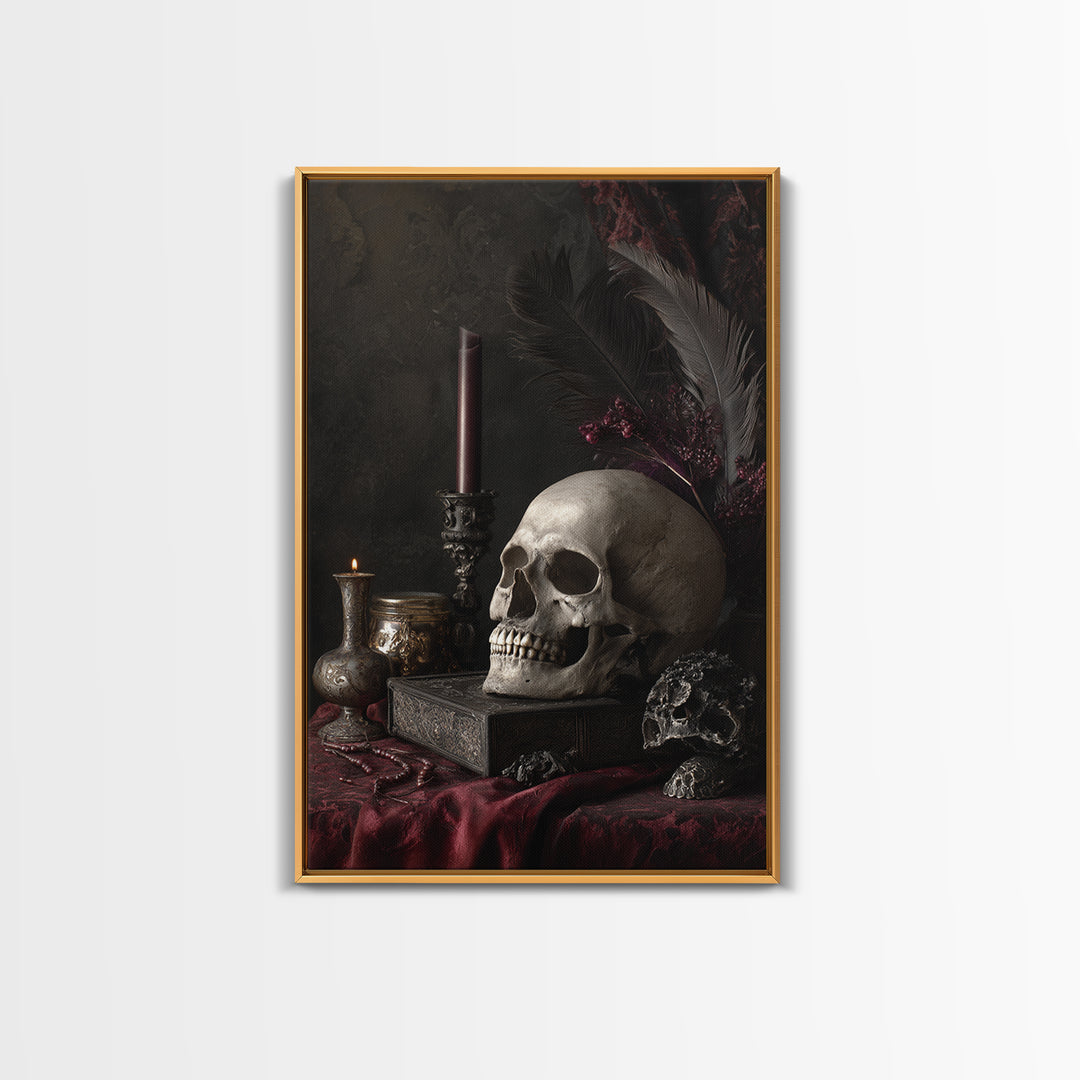Baroque Skull and Red Velvet Vanitas Canvas Print, Dark Art, Living Room Decor, Oil Painting, Nocturne, Halloween Art, DAR-2x3-66