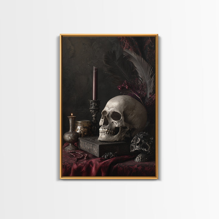 Baroque Skull and Red Velvet Vanitas Canvas Print, Dark Art, Living Room Decor, Oil Painting, Nocturne, Halloween Art, DAR-2x3-66