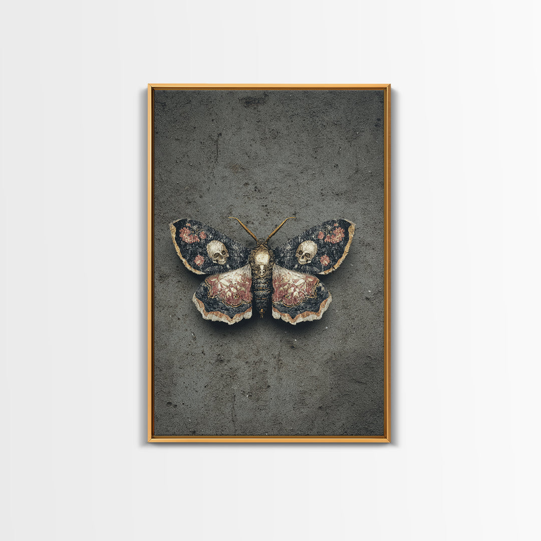 Moth with Skull Pattern on Black Ground Canvas Print, Dark Art, Gothic Wall Art, Living Room Decor, Fine Art, Nocturne, DAR-2x3-71