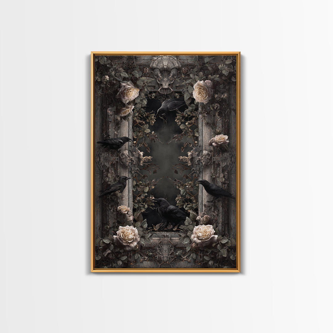Black Roses Blooming from Cracked Stone Canvas Print, Dark Art, Oil Painting, Living Room Decor, Nocturne, Gothic Wall Decor, DAR-2x3-82