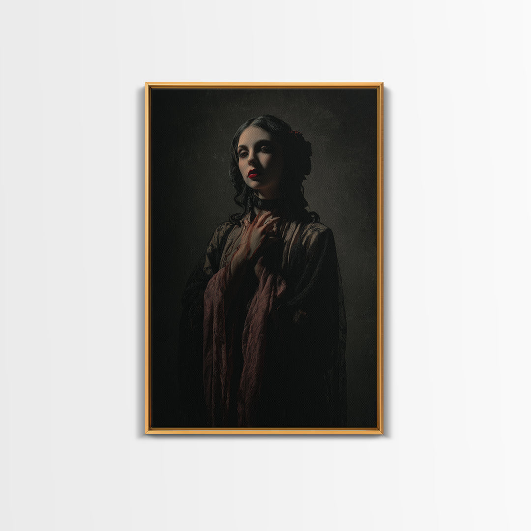 Vampire Inspired Portrait with Pale Dramatic Light Framed Canvas Print, Dark Art, Moody Wall Art, Living Room Decor, Nocturne, DAR-2x3-93
