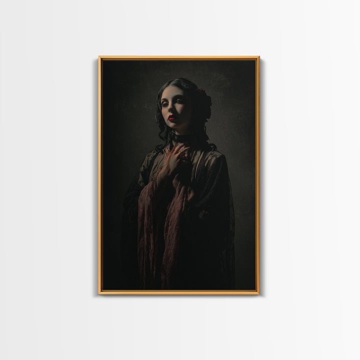 Vampire Inspired Portrait with Pale Dramatic Light Framed Canvas Print, Dark Art, Moody Wall Art, Living Room Decor, Nocturne, DAR-2x3-93
