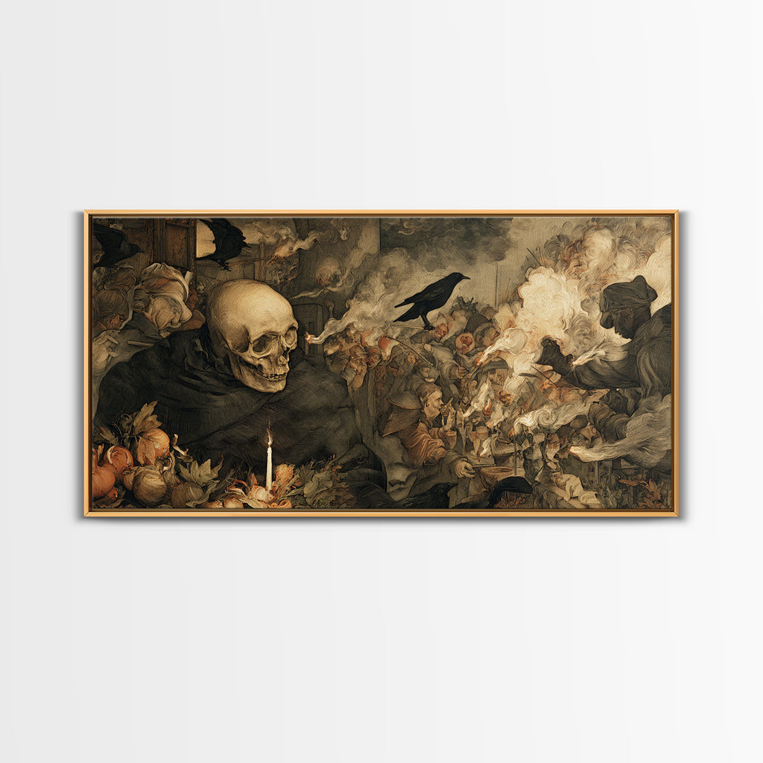 The Talking Skull, Northern Renaissance Horror, Wide Panoramic Art, Dark Halloween Decor, Framed Canvas Print, Halloween Wall Art