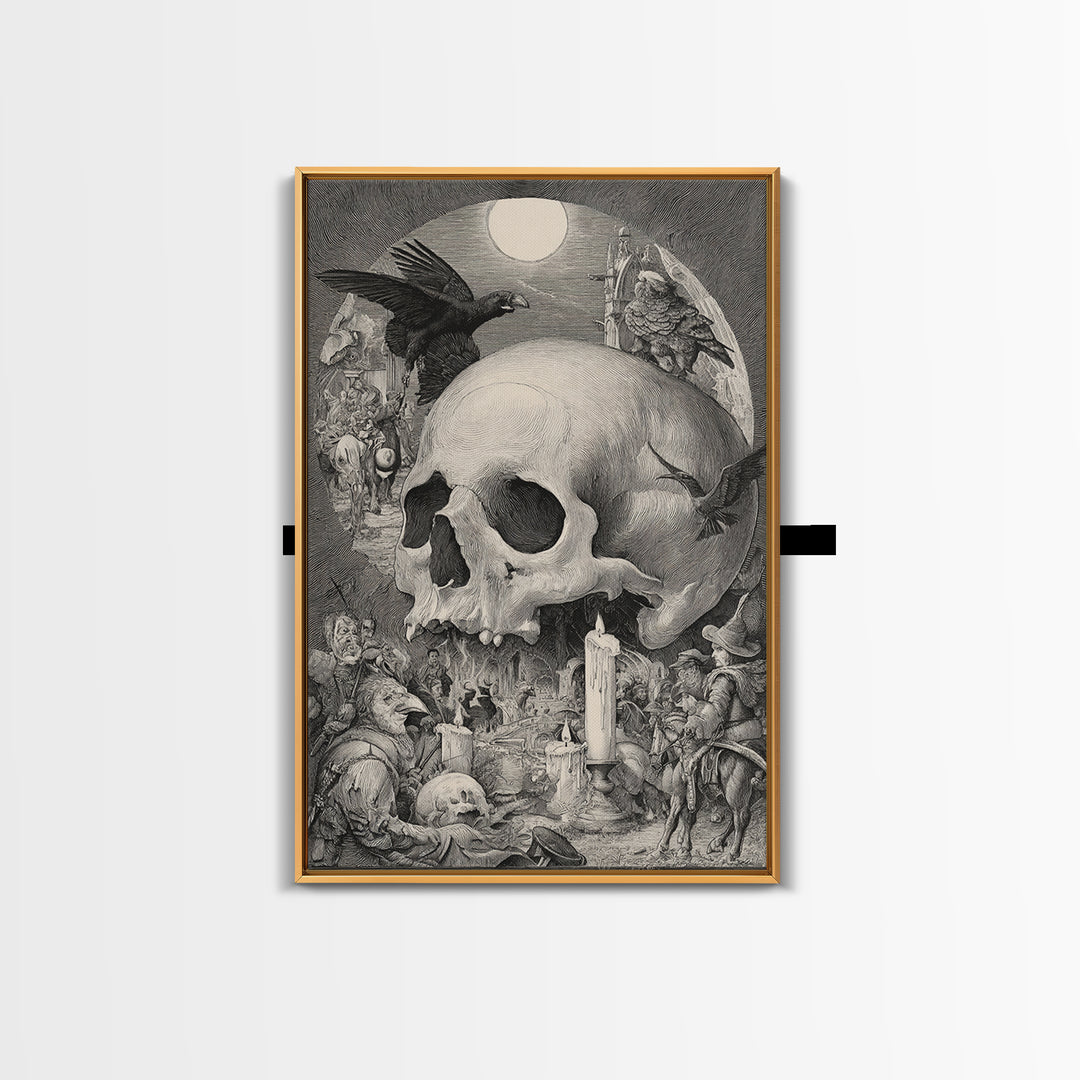 The Talking Skull, Renaissance Engraving Art, Vertical Wall Art, Dark Fantasy Wall Art, Canvas Print, Halloween Wall Art