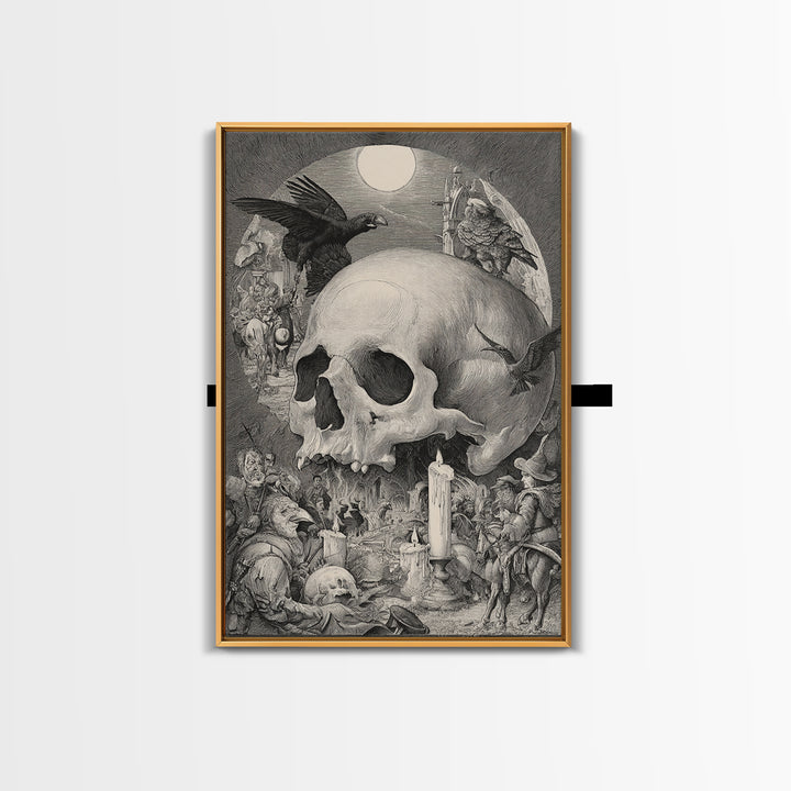 The Talking Skull, Renaissance Engraving Art, Vertical Wall Art, Dark Fantasy Wall Art, Canvas Print, Halloween Wall Art