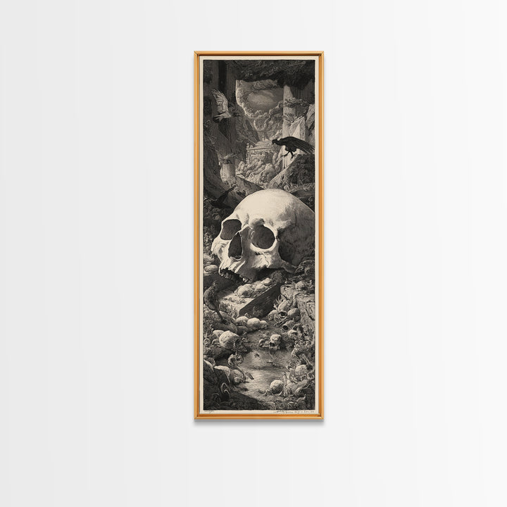 The Talking Skull, Architectural Etching Art, Tall Narrow Wall Art, Dark Fantasy Wall Art, Framed Canvas Print