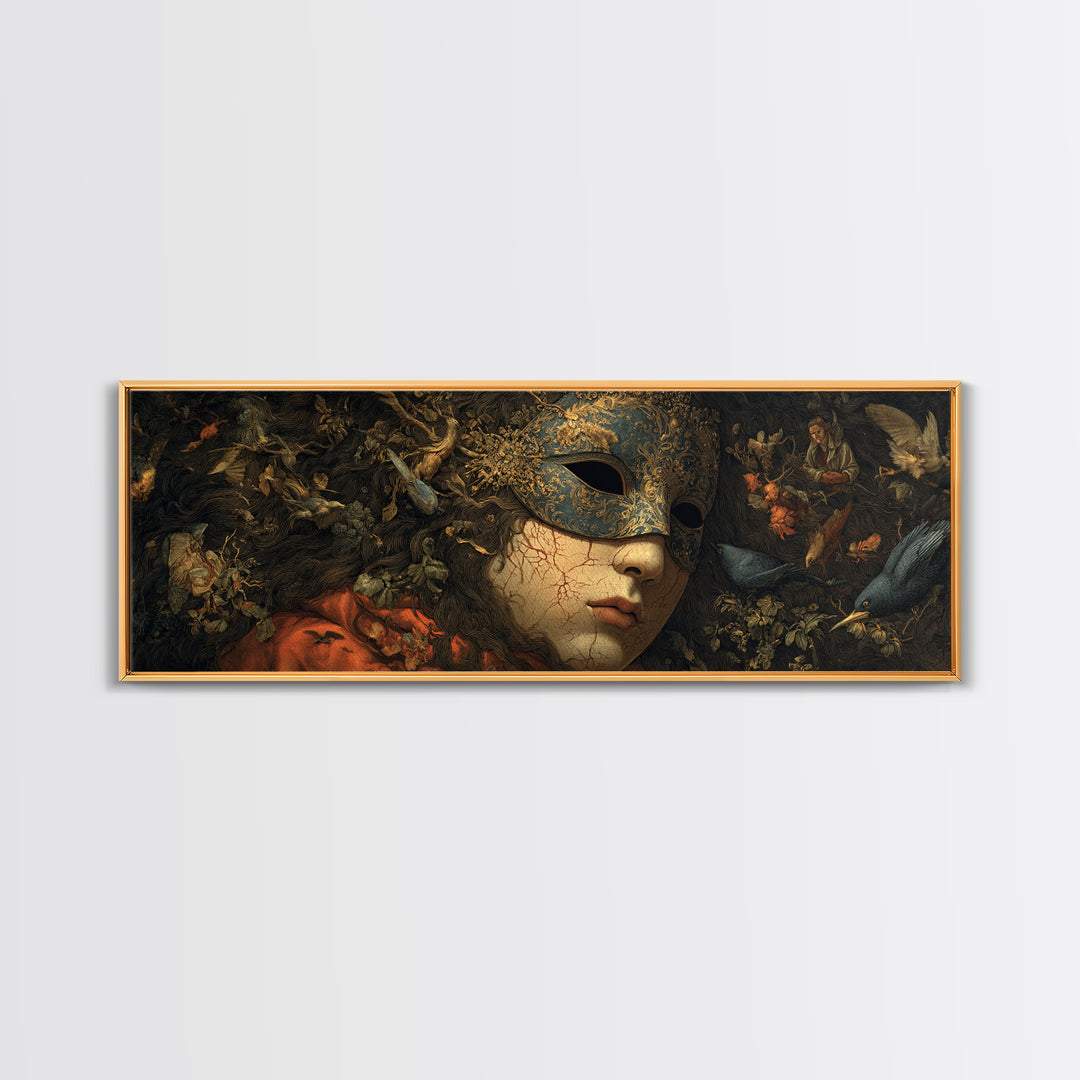 The Cracked Porcelain Mask, Medieval Grotesque Art, Extra Wide Wall Art, Dark Halloween Decor, Framed Canvas Print, Spooky Wall Decor