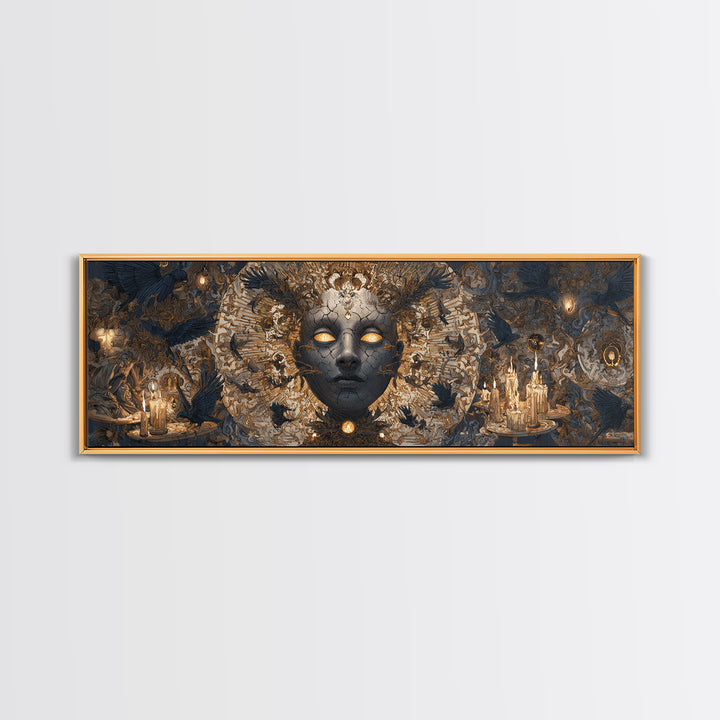 The Cracked Porcelain Mask, Visionary Gothic Art, Extra Wide Wall Art, Dark Halloween Decor, Framed Canvas Print, Halloween Wall Art