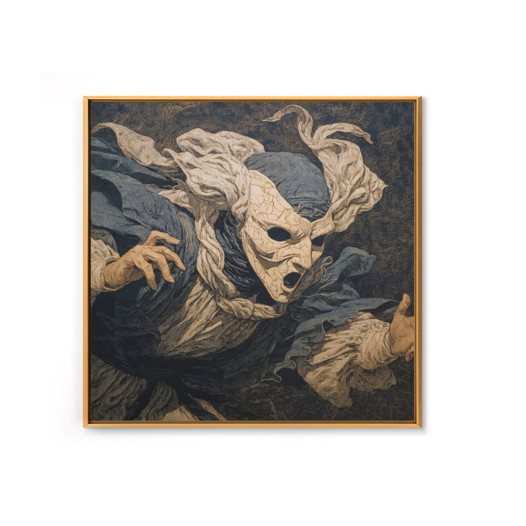 The Cracked Porcelain Mask, Symbolist Etching Art, Square Wall Art, Gothic Horror Wall Art, Framed Canvas Print, Halloween Wall Art
