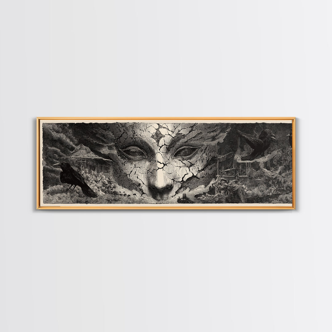The Cracked Porcelain Mask, Expressionist Nightmare Art, Extra Wide Wall Art, Gothic Horror Wall Art, Framed Canvas Print