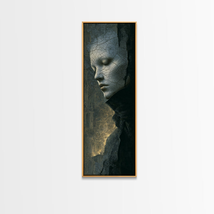 The Cracked Porcelain Mask, Surreal Apocalyptic Art, Tall Narrow Wall Art, Macabre Wall Art, Framed Canvas Print, Halloween Wall Art