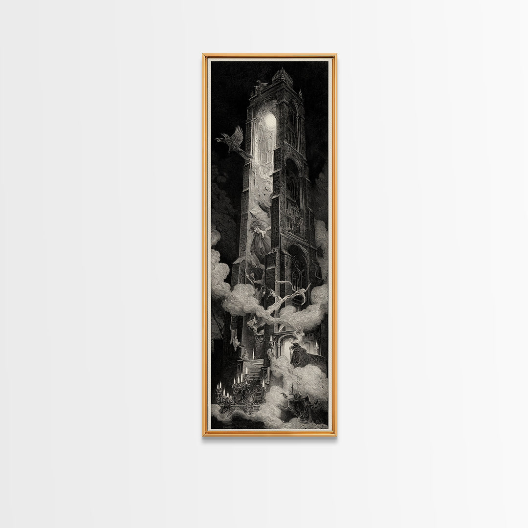The Haunted Music Box, Gothic Engraving Art, Tall Narrow Wall Art, Macabre Wall Art, Canvas Print, Halloween Wall Art
