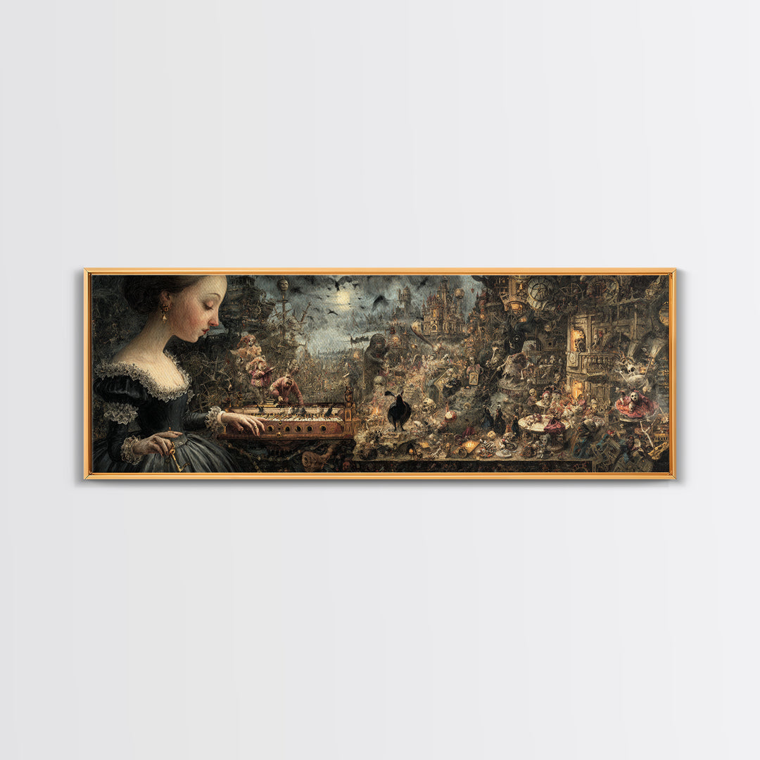 The Haunted Music Box, Medieval Grotesque Art, Extra Wide Wall Art, Gothic Horror Wall Art, Framed Canvas Print, Halloween Wall Art