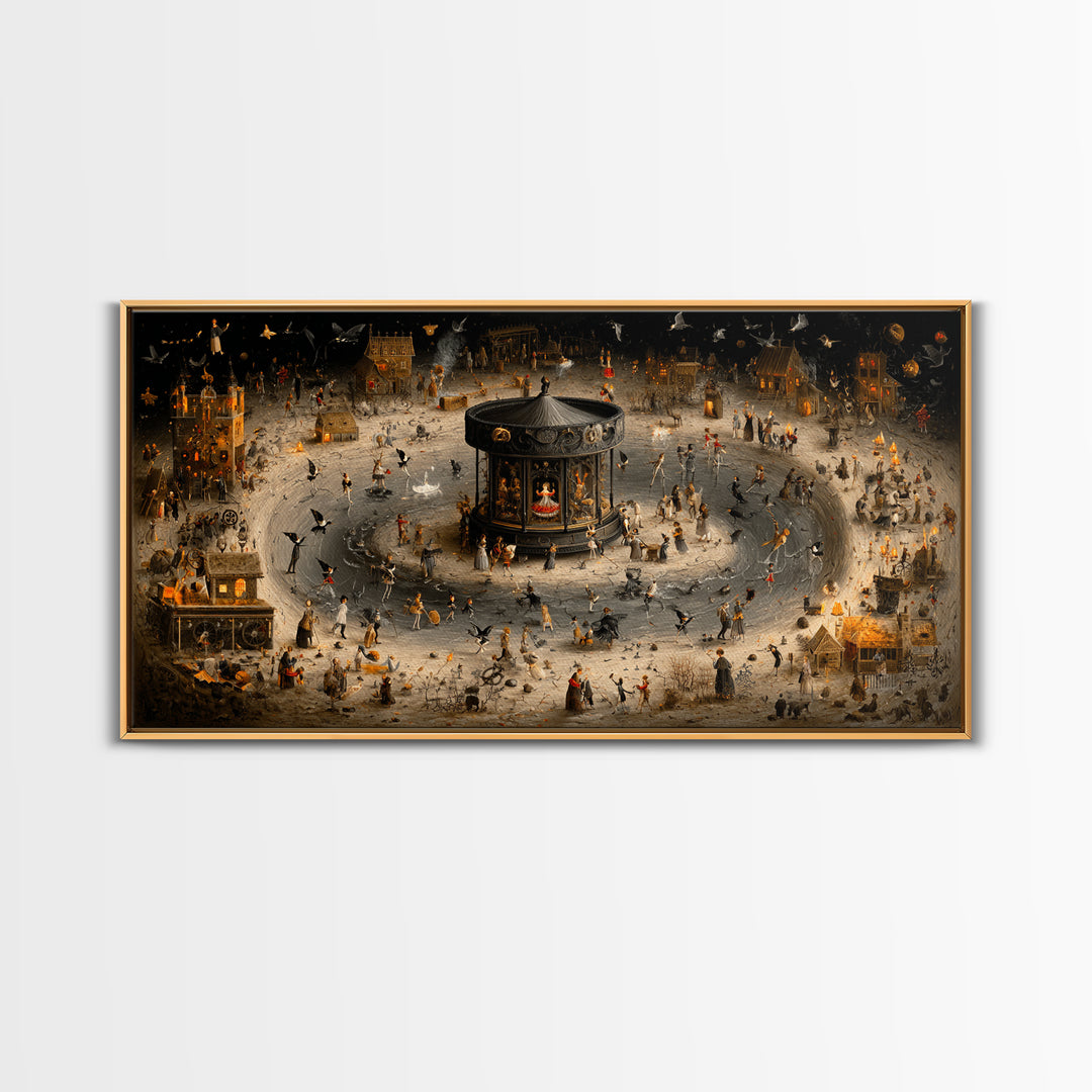 The Haunted Music Box, Northern Renaissance Horror, Wide Panoramic Art, Macabre Wall Art, Framed Canvas Print, Halloween Wall Art