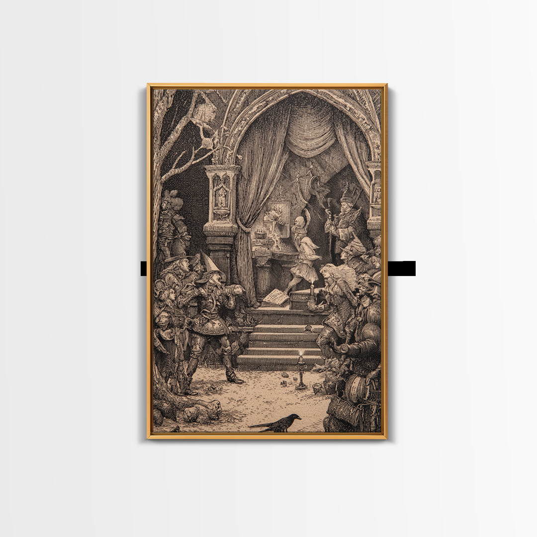 The Haunted Music Box, Renaissance Engraving Art, Vertical Wall Art, Macabre Wall Art, Framed Canvas Print, Halloween Wall Art