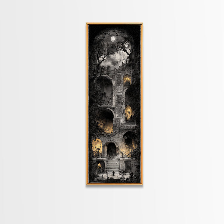 The Haunted Music Box, Architectural Etching Art, Tall Narrow Wall Art, Dark Halloween Decor, Canvas Print, Halloween Wall Art