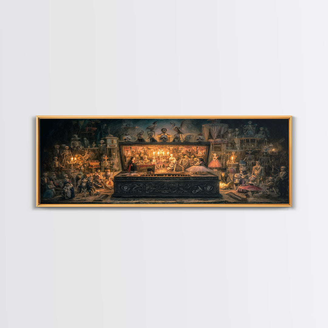 The Haunted Music Box, Grotesque Carnival Art, Wide Panoramic Art, Dark Fantasy Wall Art, Framed Canvas Print, Halloween Wall Art