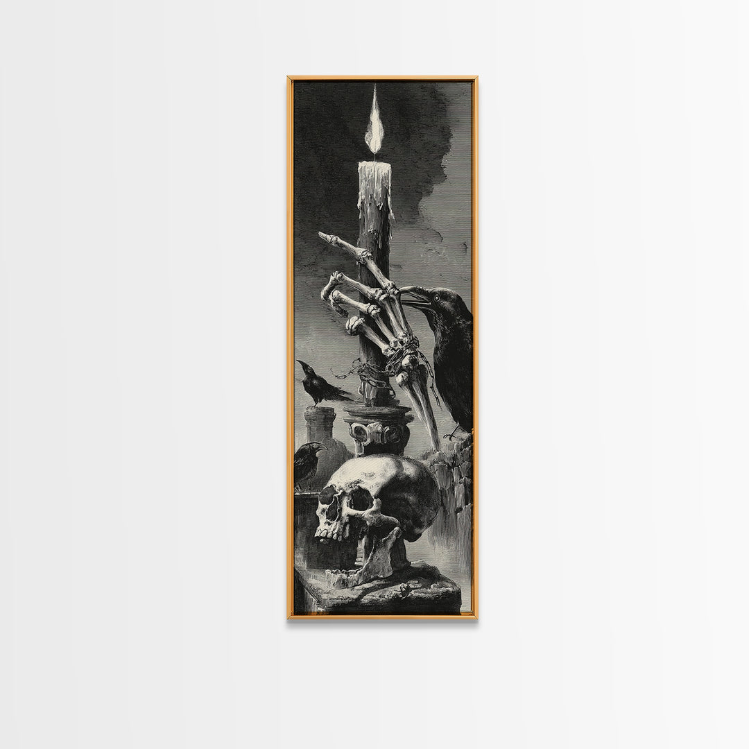 The Skeletal Hand Candleholder, Architectural Etching Art, Tall Narrow Wall Art, Dark Fantasy Wall Art, Canvas Print