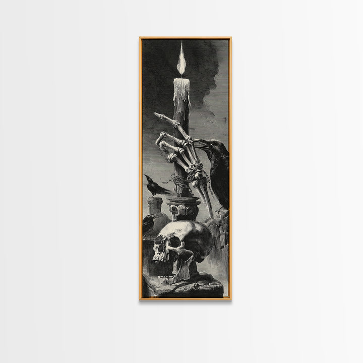 The Skeletal Hand Candleholder, Architectural Etching Art, Tall Narrow Wall Art, Dark Fantasy Wall Art, Canvas Print