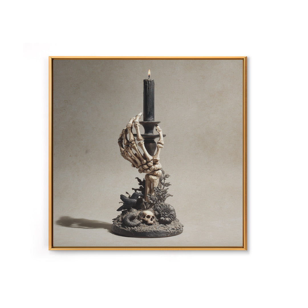 The Skeletal Hand Candleholder, Symbolist Dream Art, Square Wall Art, Dark Fantasy Wall Art, Framed Canvas Print, Halloween Wall Art