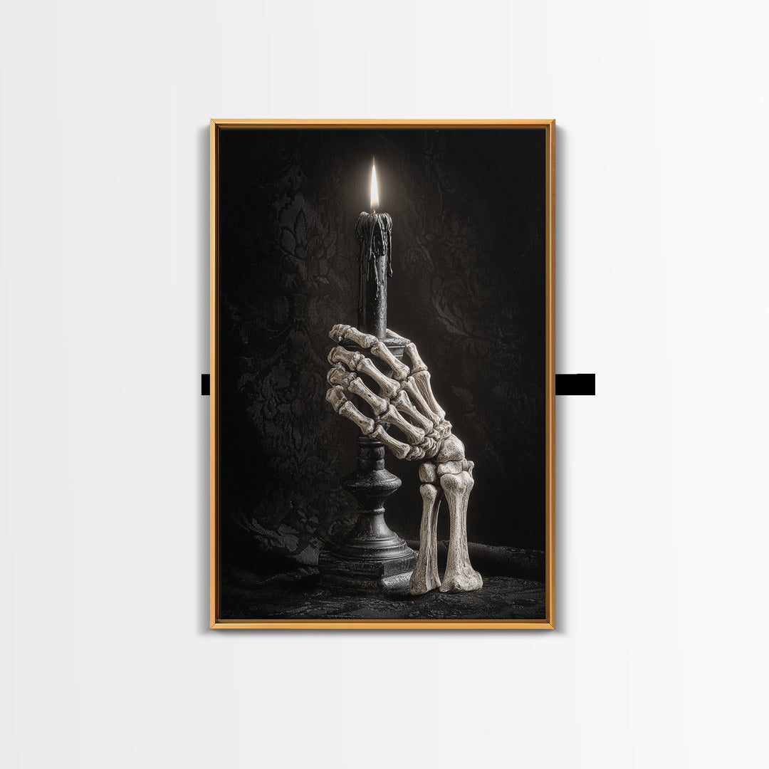 The Skeletal Hand Candleholder, Victorian Macabre Art, Vertical Wall Art, Macabre Wall Art, Framed Canvas Print, Halloween Wall Art