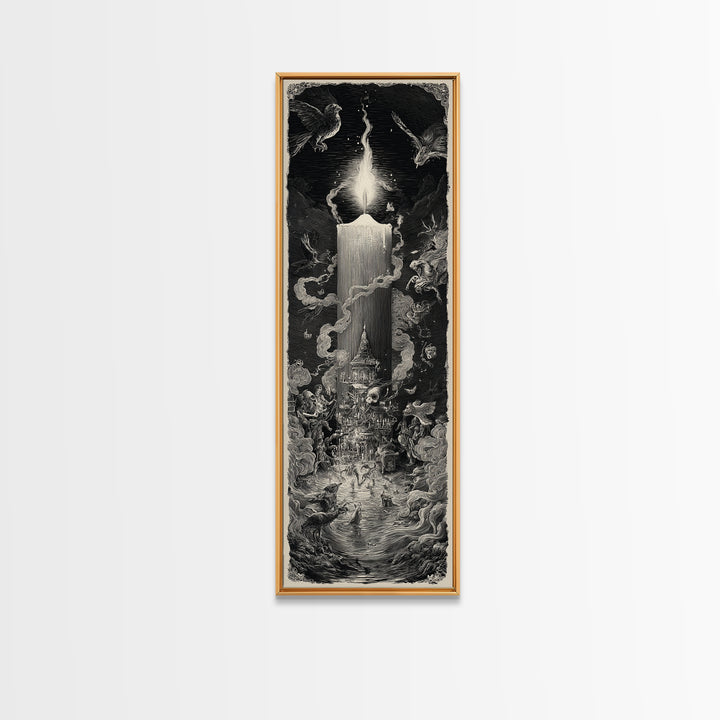 The Black Wax Candle, Gothic Engraving Art, Tall Narrow Wall Art, Dark Fantasy Wall Art, Canvas Print, Halloween Wall Art