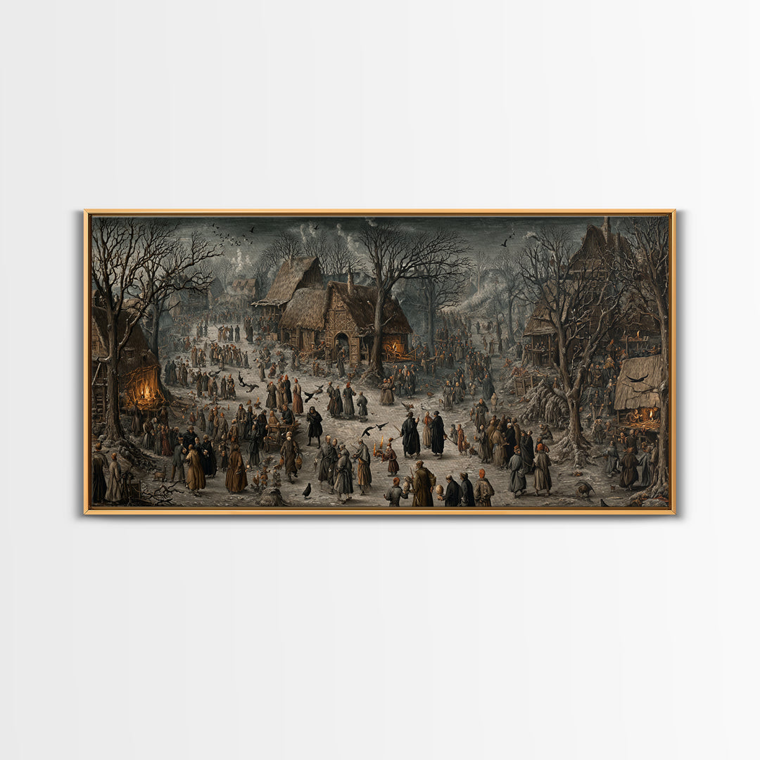 The Black Wax Candle, Northern Renaissance Horror, Wide Panoramic Art, Dark Halloween Decor, Framed Canvas Print